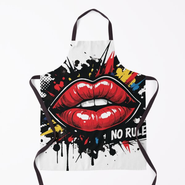 Item preview, pop art illustration of glossy red lips surrounded by paint splatters, halftone dots and graffiti accents reading No Rules, evoking rebellion, glamour designed and sold by Dejbar.
