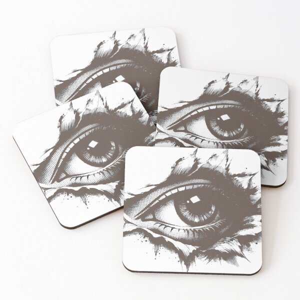 Item preview, Monochrome ink illustration of a realistic eye breaking through torn paper, featuring tattoo-style linework, halftone shading and grunge splatter for a dramatic designed and sold by Dejbar.