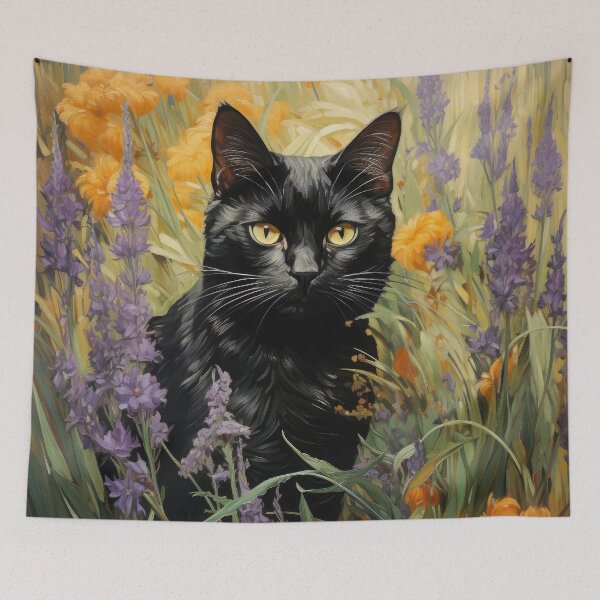 Item preview, Black Cat in Wildflower Meadow designed and sold by Erika Kaisersot.