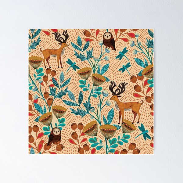 Item preview, Whimsical Woodland Owls and Stags in a Block Print Forest designed and sold by phatlizzardart.