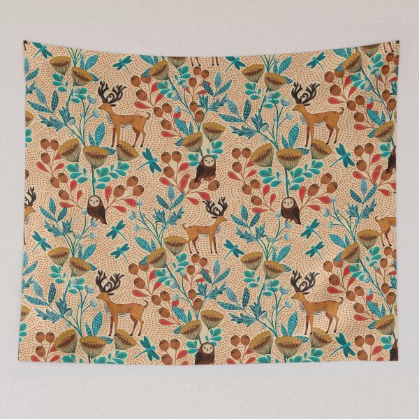 Item preview, Whimsical Woodland Owls and Stags in a Block Print Forest designed and sold by phatlizzardart.