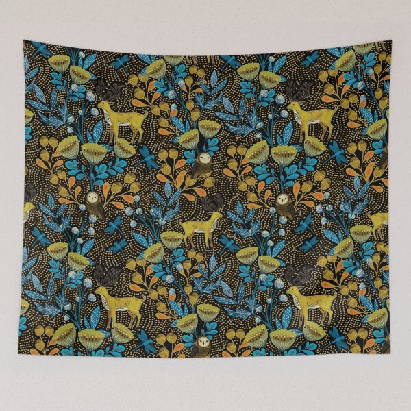 Item preview, Whimsical Woodland Owls and Stags in a Block Print Forest designed and sold by phatlizzardart.