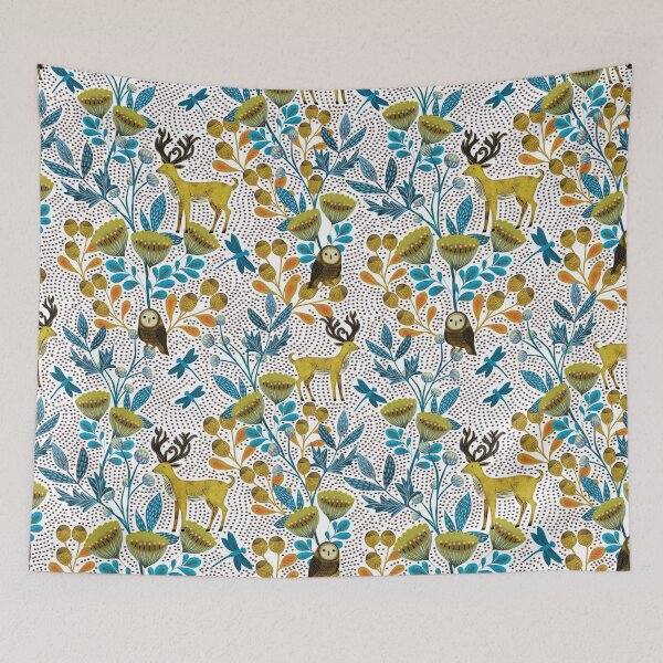 Item preview, Whimsical Woodland Owls and Stags in a Block Print Forest designed and sold by phatlizzardart.