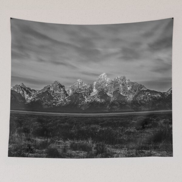 Item preview, Jackson Hole, Grand Teton National Park, snowy winter peaks landscape black and white photograph poster art print designed and sold by Astrid Arkhangelsky.