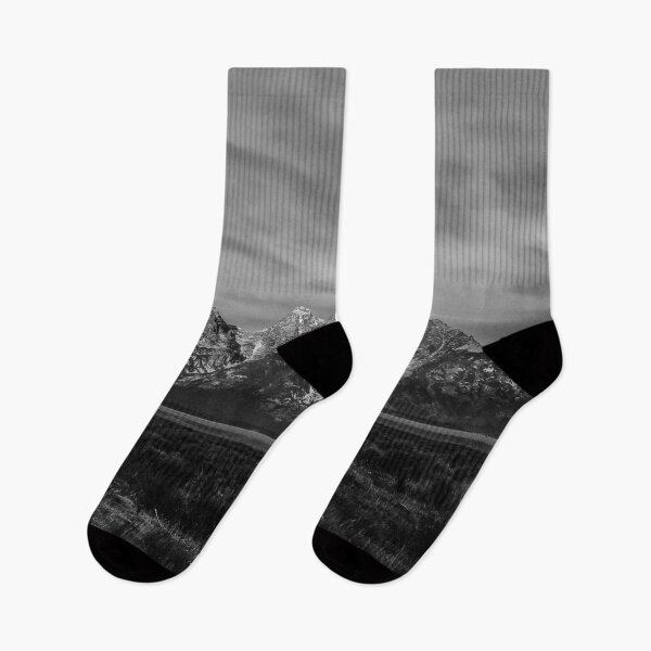 Item preview, Jackson Hole, Grand Teton National Park, snowy winter peaks landscape black and white photograph poster art print designed and sold by Astrid Arkhangelsky.