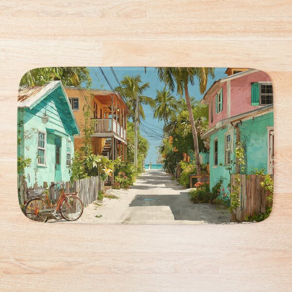 Item preview, Key Largo Pastel Street with Bicycle and Palm Trees designed and sold by daila70.