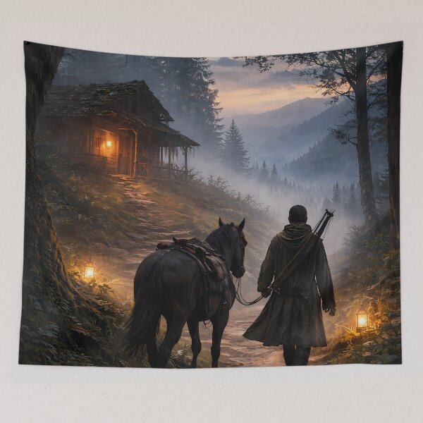 Item preview, Journey to the Hidden Cabin – Fantasy Forest Evening Art designed and sold by KnitOfShadoF.