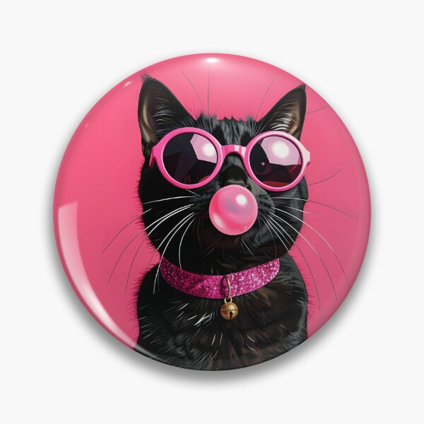 Item preview, A stylish black cat portrait sitting upright, wearing large round pink sunglasses with reflective lenses, blowing a pink bubble gum bubble designed and sold by Erlin Rudho.