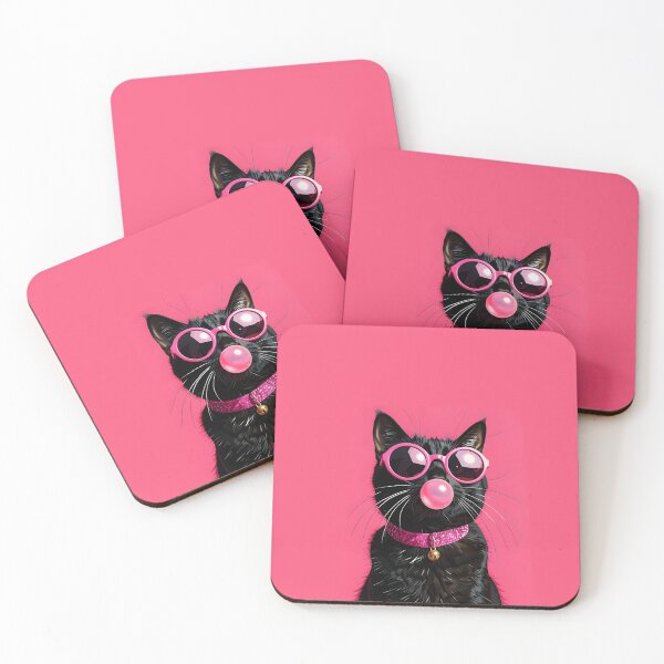Item preview, A stylish black cat portrait sitting upright, wearing large round pink sunglasses with reflective lenses, blowing a pink bubble gum bubble designed and sold by Erlin Rudho.