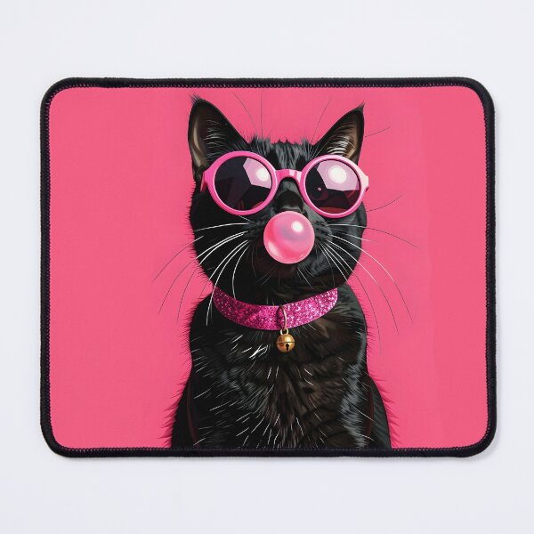 Item preview, A stylish black cat portrait sitting upright, wearing large round pink sunglasses with reflective lenses, blowing a pink bubble gum bubble designed and sold by Erlin Rudho.