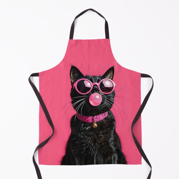 Item preview, A stylish black cat portrait sitting upright, wearing large round pink sunglasses with reflective lenses, blowing a pink bubble gum bubble designed and sold by Erlin Rudho.