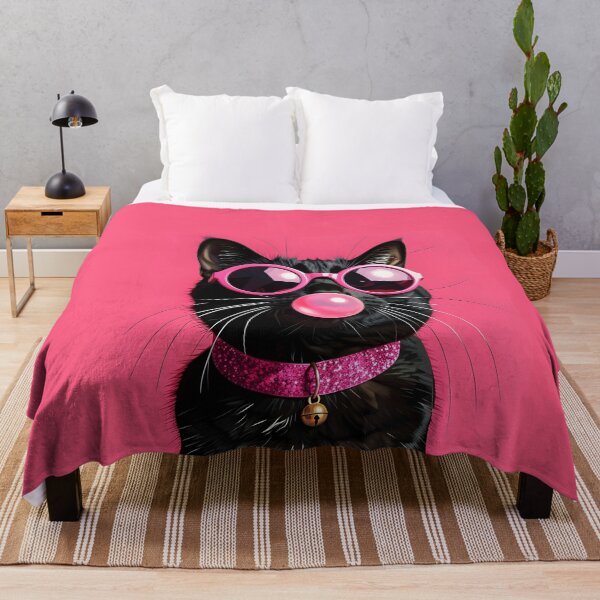 Item preview, A stylish black cat portrait sitting upright, wearing large round pink sunglasses with reflective lenses, blowing a pink bubble gum bubble designed and sold by Erlin Rudho.