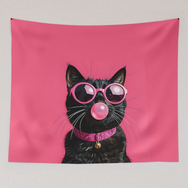 Item preview, A stylish black cat portrait sitting upright, wearing large round pink sunglasses with reflective lenses, blowing a pink bubble gum bubble designed and sold by Erlin Rudho.
