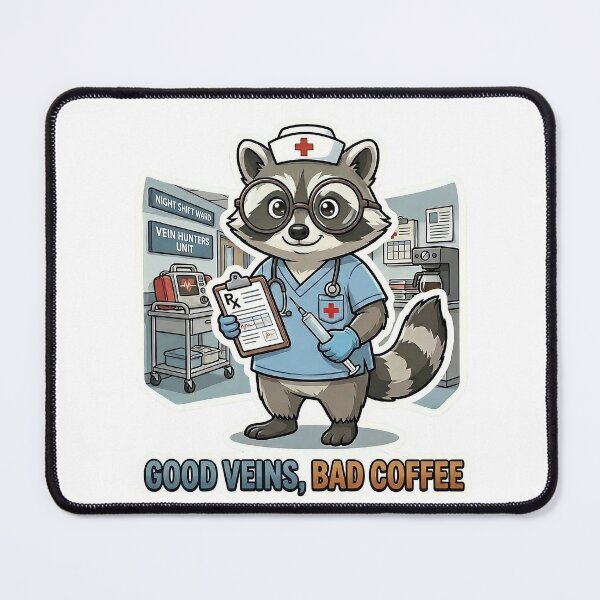 Item preview, Good Veins Bad Coffee Funny Raccoon Nurse Sticker - Night Shift Vein Hunter Art - Medical Professional Pun Decal designed and sold by Desperate Measures.
