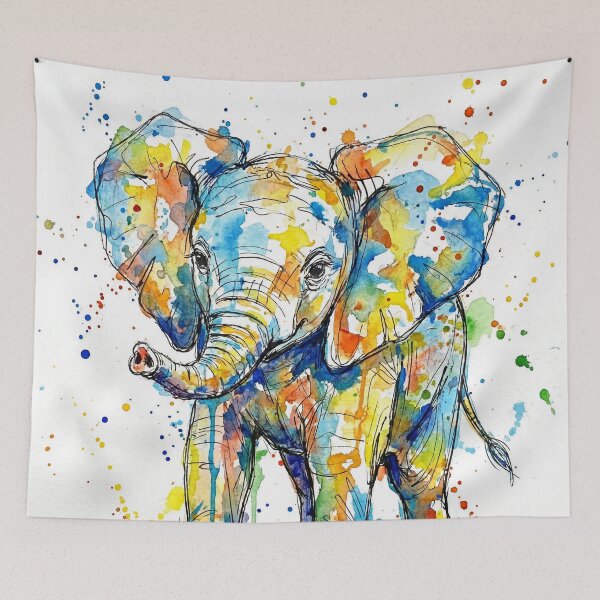 Item preview, Baby Elephant Ink Line & Watercolour Splash Art – Colorful Abstract Animal Illustration designed and sold by Printpix.