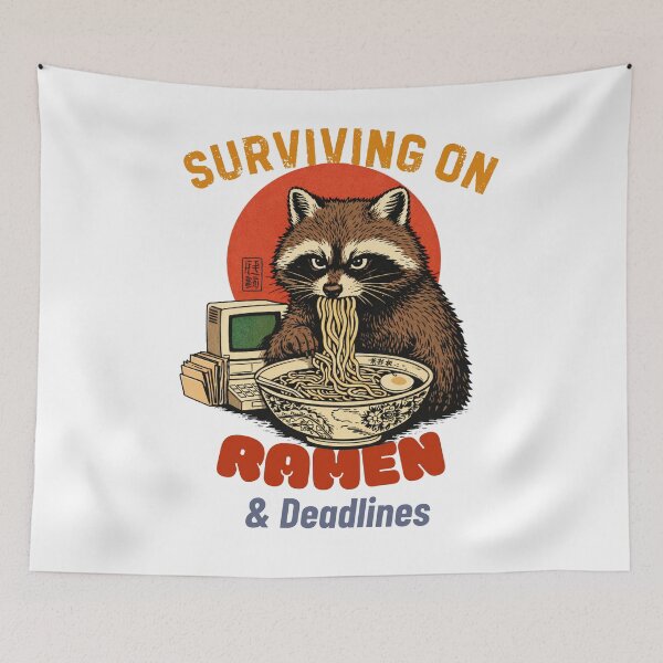 Item preview, Raccoon Surviving on Ramen & Deadlines – Funny Burnout Student Meme Retro Japanese Ramen Animal T-Shirt designed and sold by HOUSE OF TIST.