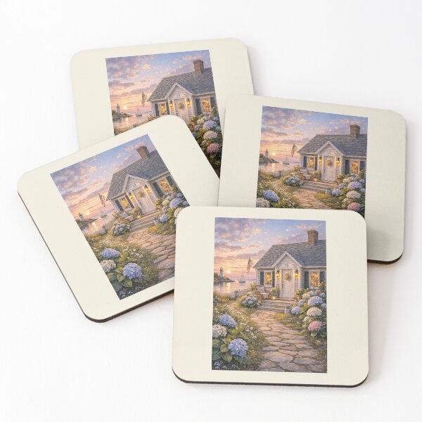 Item preview, Coastal Cottage at Sunset with Hydrangeas and Lighthouse designed and sold by Novel Works Studio.