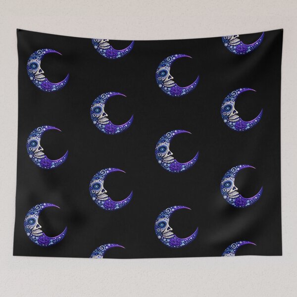 Item preview, Night Blue Sugar Skull Moon with Flowers designed and sold by CyrilloArt.