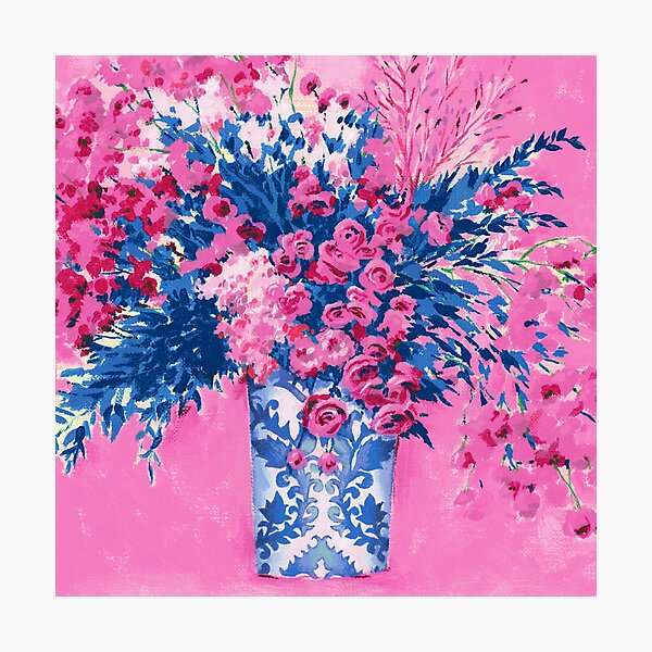Aperçu de l'œuvre Grand vase bleu de grandes fleurs roses créée et vendue par Steve Haskamp.