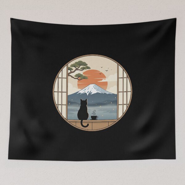 Item preview, Zen Black Cat Coffee Mount Fuji View designed and sold by Pixie-agenca.