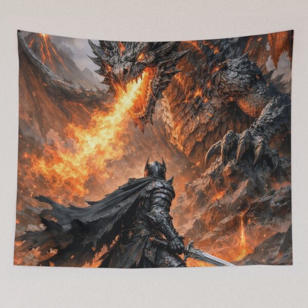 Item preview, Knight vs Fire Dragon Battle – Epic Dark Fantasy Warrior vs Dragon Artwork designed and sold by DrakariArt.