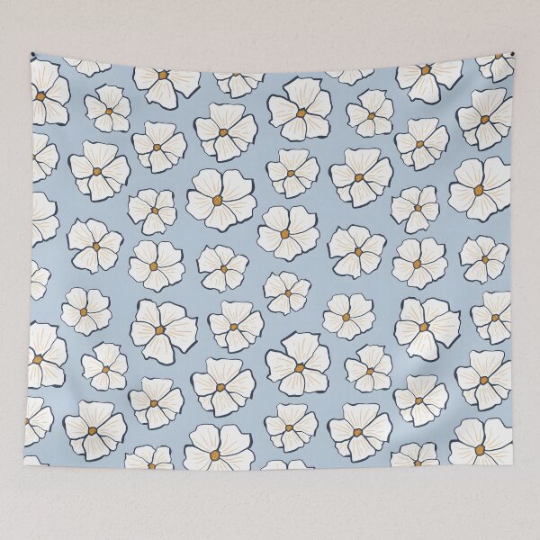 Item preview, White flower seamless pattern, on a baby blue background designed and sold by LeedsArtStudio.