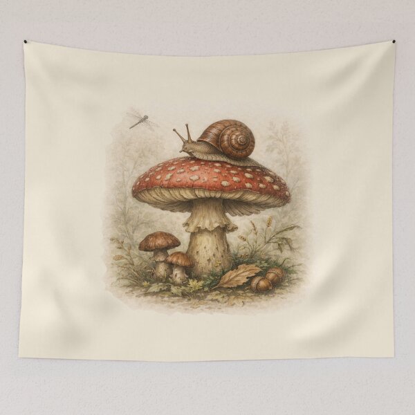 Item preview, Vintage Mushroom and Snail with Dragonfly designed and sold by dancingchickenstudio.