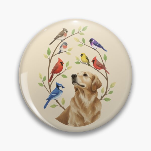 Item preview, Golden Retriever Birdwatching with Songbirds – Nature Lover Dog Art, Cardinal Blue Jay Finch Illustration designed and sold by Willow & Ink.