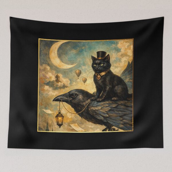 Item preview, Vintage Victorian Steampunk Black Cat Riding Raven designed and sold by dancingchickenstudio.