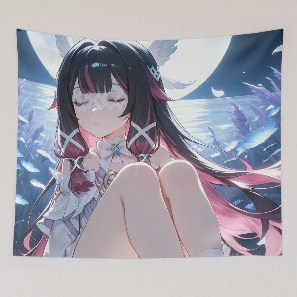 Item preview, Columbina Genshin Impact Moonlight Angel Wings Blue Petals Water Serenity designed and sold by mildaclairmo.