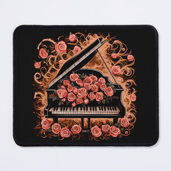 Item preview, grand piano, roses, brown background, floral pattern, music instrument, romantic, elegant, designed and sold by madevdine.