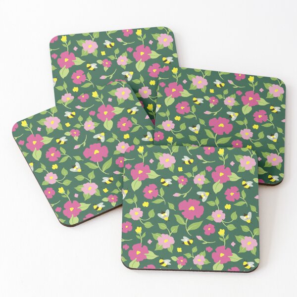 Item preview, Flowers and bees on a dark green background designed and sold by Myriam Plante.
