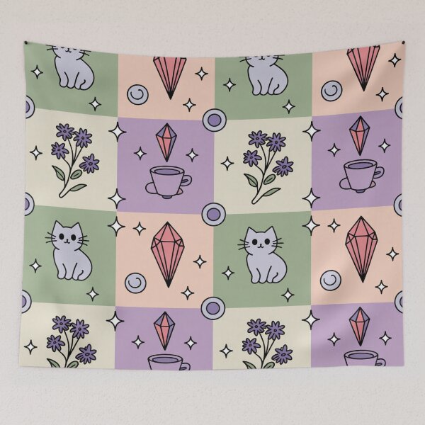 Item preview, Cute Pastel Kitten Crystal Flower Seamless Pattern - Kawaii Boho Repeat designed and sold by Midnight Veil Designs.