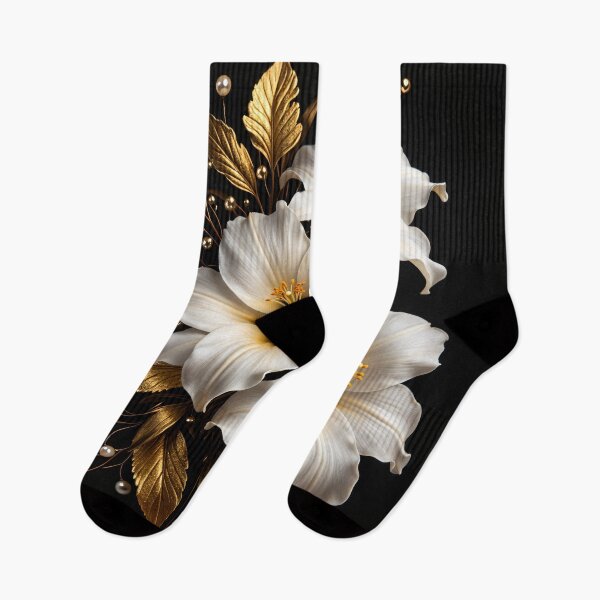 Item preview, Elegant White Lily Bouquet with Gold Leaves on Black designed and sold by Kaleidoscope Print.