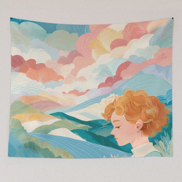 Item preview, Dreamy Landscape Illustration with Girl Reading a Book designed and sold by BobaBunny76.