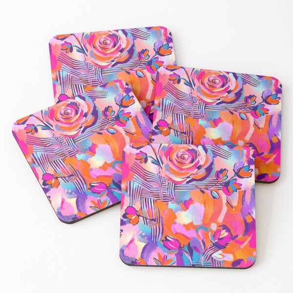 Item preview, Un vibrante estampado floral con rosas y hojas coloridas sobre un fondo rosa. designed and sold by Creative88Art.