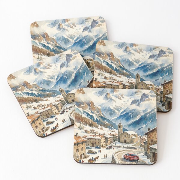 Item preview, Modern Italian Sports Sedan On Winding Cobblestone Road Winter Scene designed and sold by RevUpDesign.