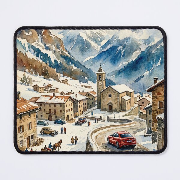 Item preview, Modern Italian Sports Sedan On Winding Cobblestone Road Winter Scene designed and sold by RevUpDesign.