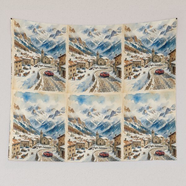 Item preview, Modern Italian Sports Sedan On Winding Cobblestone Road Winter Scene designed and sold by RevUpDesign.