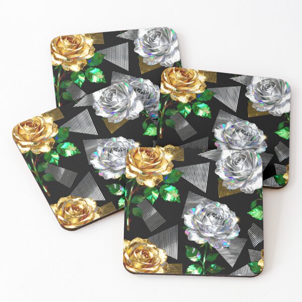 Item preview, A vibrant floral pattern with metallic roses and geometric shapes on a black background designed and sold by Creative88Art.