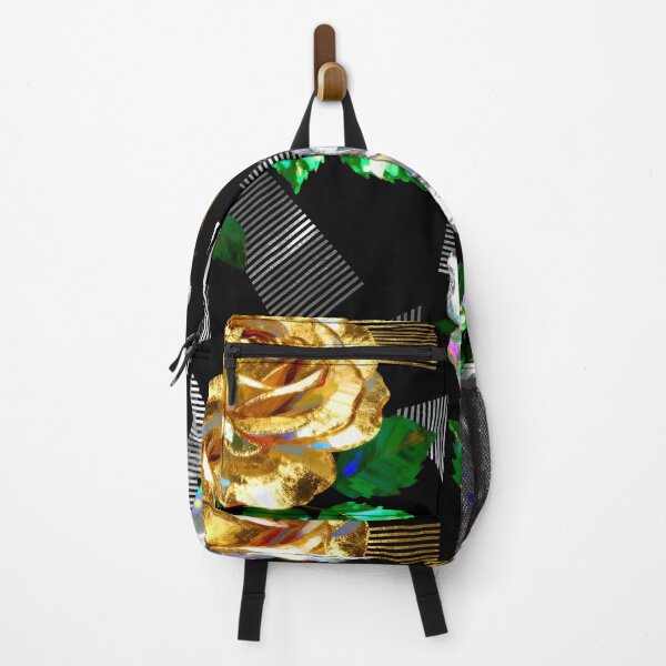 Item preview, A vibrant floral pattern with metallic roses and geometric shapes on a black background designed and sold by Creative88Art.