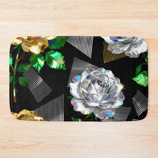 Item preview, A vibrant floral pattern with metallic roses and geometric shapes on a black background designed and sold by Creative88Art.