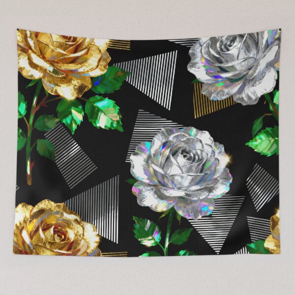 Item preview, A vibrant floral pattern with metallic roses and geometric shapes on a black background designed and sold by Creative88Art.