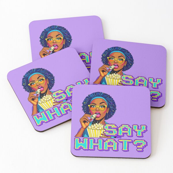 Item preview, Say What? African American Woman With Glasses Eating Popcorn With Eyebrow Raised Snarky Funny Humor Pop Art Neon Sarcastic LGBTQIA Feminist Sassy Retro 90s Kid designed and sold by pillarofme.