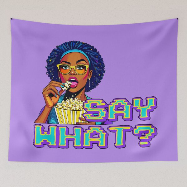 Item preview, Say What? African American Woman With Glasses Eating Popcorn With Eyebrow Raised Snarky Funny Humor Pop Art Neon Sarcastic LGBTQIA Feminist Sassy Retro 90s Kid designed and sold by pillarofme.