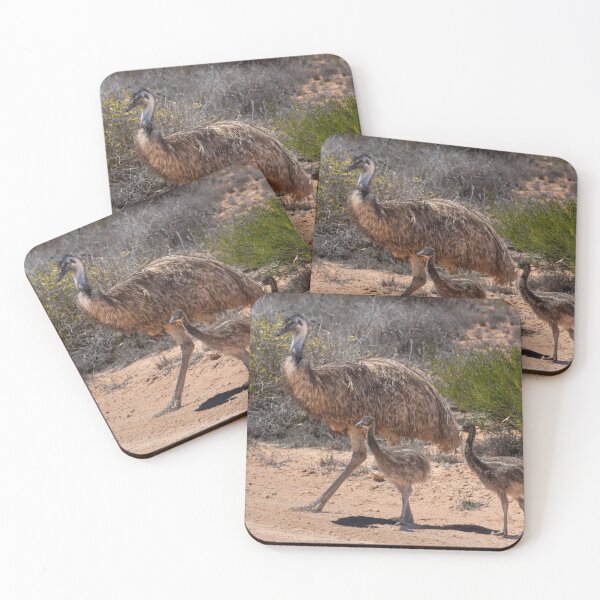 Item preview, Emu Family in the Australian Outback – Wild Emu with Two Chicks Walking in Red Desert Scrubland designed and sold by WildFrameNature.