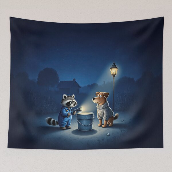Item preview, Moonlit Curiosity – Whimsical Raccoon and Dog Night Discovery designed and sold by Whimsical Hug.