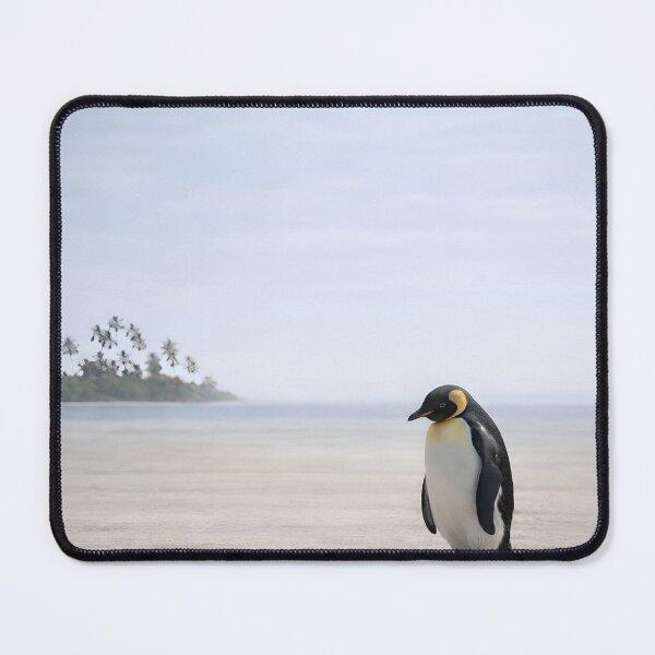 Item preview, King Penguin on Tropical Beach – Surreal Climate Change Wildlife Art designed and sold by frankseebald.