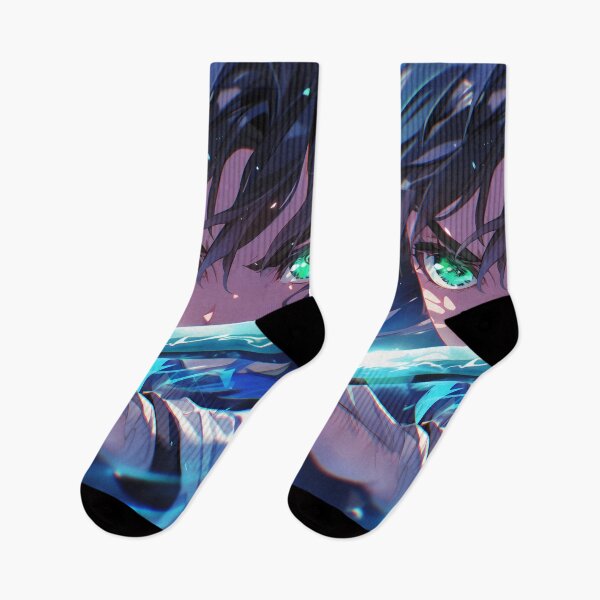 Aperçu de l'œuvre Inosuke Hashibira, Demon Slayer, Aqua Glow, Gros plan sur les yeux intenses créée et vendue par Spraykart.