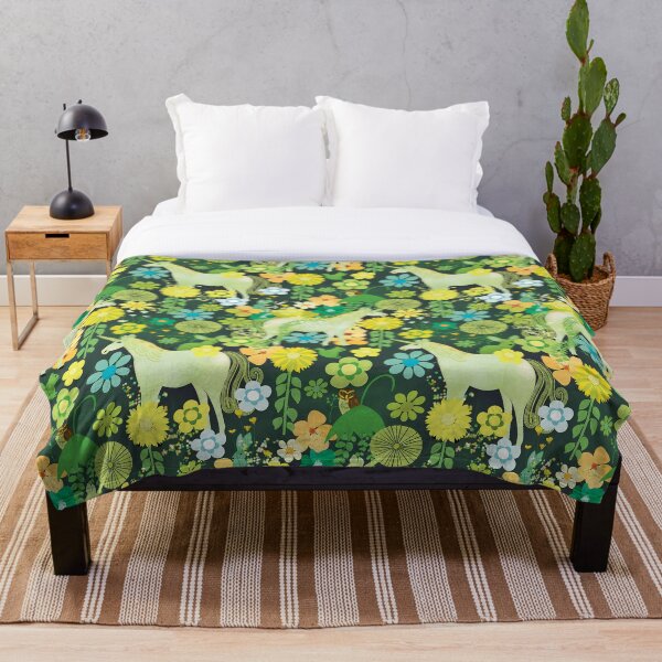 Item preview, Unicorn in Magic Green Floral Forest - Dark Green Background designed and sold by KizzyW.